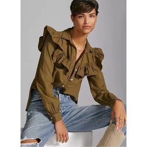 anthropologie pilcro ruffled chambray buttondown shirt in olive green xs